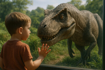 Young boy gazes at a dinosaur through a window.