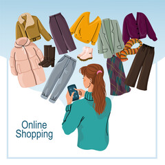Flat illustration of a hand drawn banner featuring a woman with smartphone to order clothing online. Modern vector concept of fashion shopping, delivery service, and mobile e commerce.