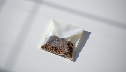a high resolution, ultra sharp isolated tea bag envelope made from gelatin film, placed on a pure white background with no shadow or minimal soft shadows only