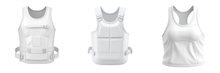 3D Plastic Style White Athletic Vest Icons Against Transparent Background Depicting Sportswear Elements and Protective Gear Outlines