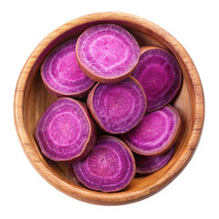 purple sweet yam slice in wooden bowl top view isolated on transparent background