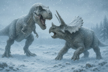 dinosaurs fighting in the snow.
