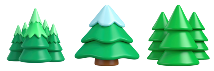 3D Plastic Style Cartoon Green Pine Trees Isolated on Transparent Background Decorative Nature Elements