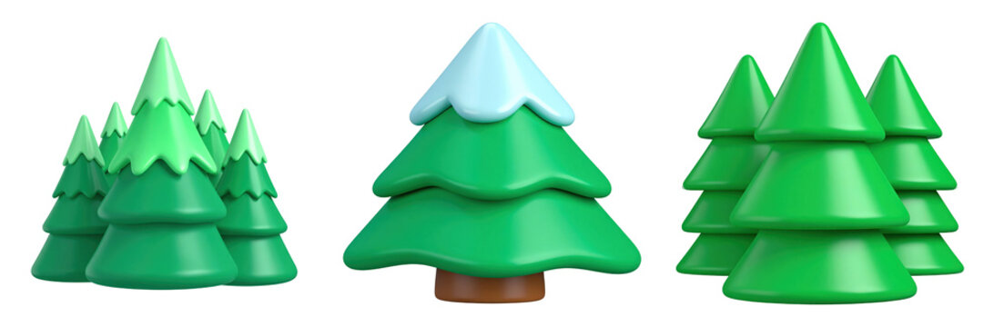 3D Plastic Style Cartoon Green Pine Trees Isolated on Transparent Background Decorative Nature Elements