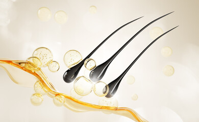 Hair care 3d background with follicles, golden wave and oil drops. Nourish shampoo, serum or biotin vitamin bubbles. Yellow water flow with cosmetic balls for hair protect and growth. 3D illustration