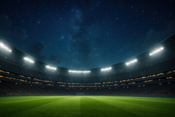 Players celebrating a goal under starlit sky at a soccer stadium.