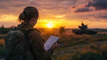 Female soldier reading notes with tank in background at sunset