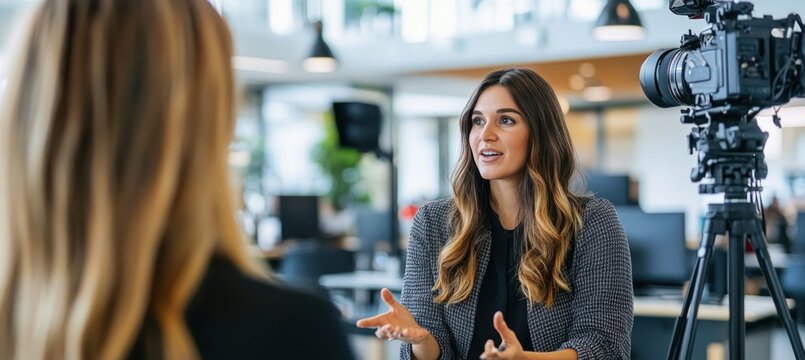 Journalist interviewing businesswoman in modern office with camera