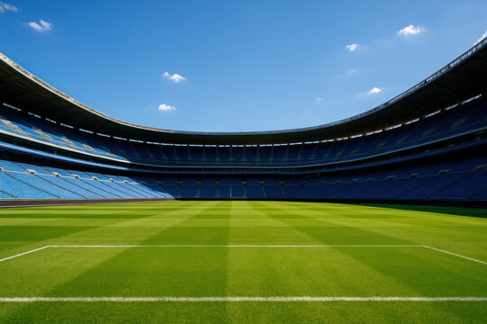 Soccer players in blue and red jerseys on the stadium field during a match.