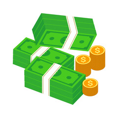 Stacks of American Dollar Bills Isolated or stack of cash and a pile of gold coins on a White Background