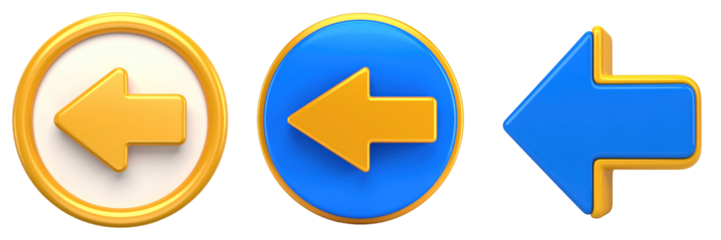 3D Plastic Style Back Arrow Icons On Transparent Background Featuring Blue And Yellow Colors