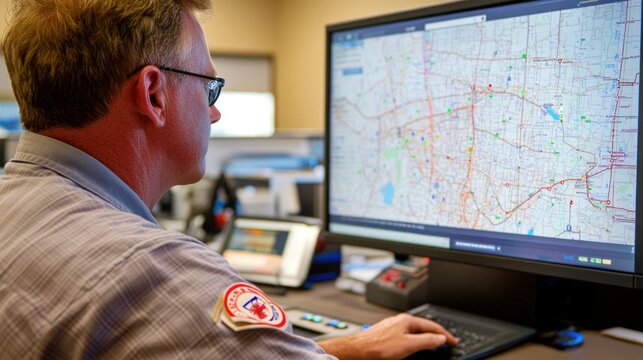 Firefighter monitoring city map on computer in control room