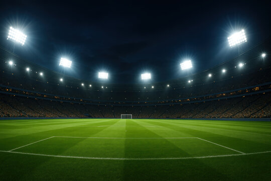 Soccer match in a stadium with green field under lights.