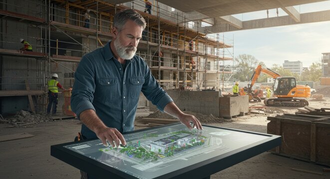 Professional Gray Haired Man Using Touchscreen at Construction Site