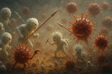 A group of red and white viruses.