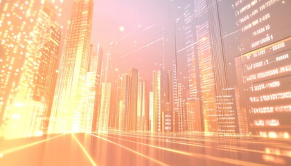 Futuristic smart city with data flowing through buildings and streets