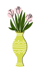 Hand drawn flat vector illustration of a classic yellow vase with ornament and pink flowers with green leaves isolated on a white background