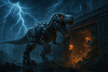 Dinosaur in dark city with lightning.