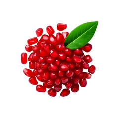 Ripe pomegranate seeds with leaf on transparent background