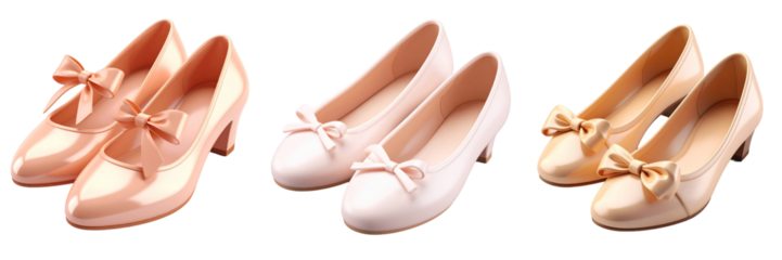 3D Plastic Style Ballet Flats Isolated On Transparent Background Featuring Pink Beige Bows Emphasizing Glossy Surface And Feminine Design
