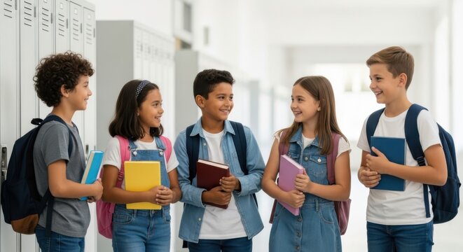 Diverse group of happy elementary students in school hallway