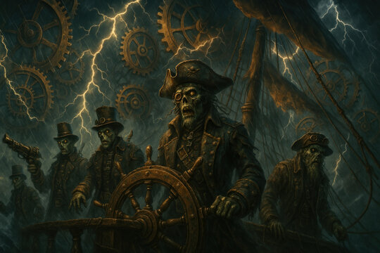 Pirates sailing under the moonlight on turbulent seas.
