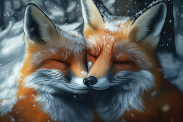 Fototapeta premium Two foxes nestled close together in a snowy forest, their fur dusted with soft white flakes. Their eyes are closed as they share a quiet moment of warmth and trust in the winter landscape.