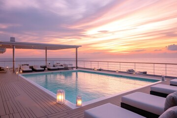 Obraz premium Infinity pool overlooking ocean at sunset on luxury yacht