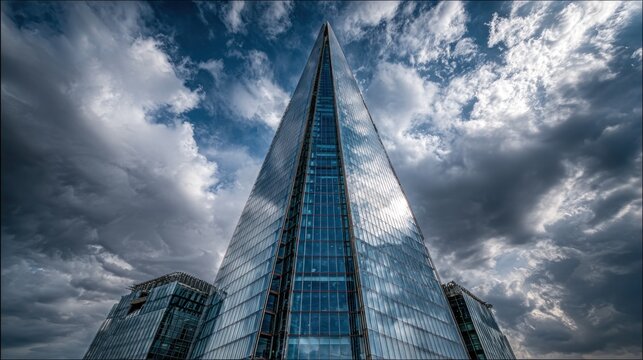 Modern skyscraper against dramatic sky
