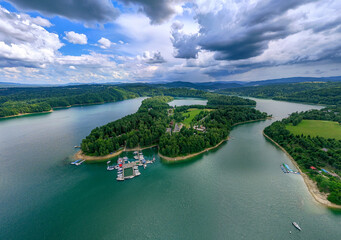 Aerial panoramic view of a peninsula with a marina on Lake Solina in the beautiful Bieszczady...
