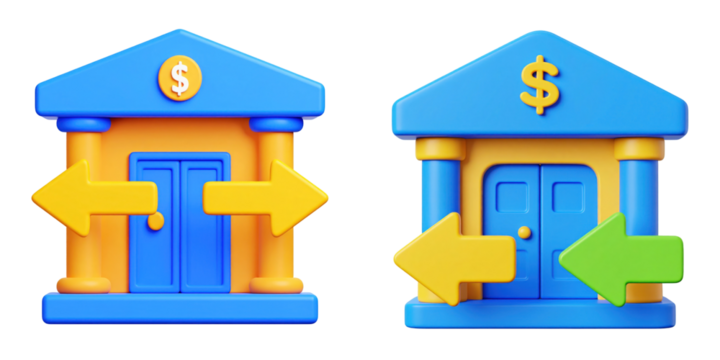 3D Plastic Style Icon of Bank Building with Yellow Arrows Indicating Financial Transactions against a Transparent Background