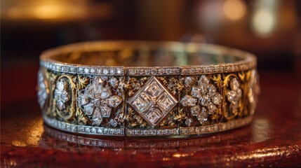 Ornate diamond bracelet on wood