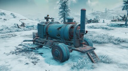 Rusty steam-powered vehicle in snowy landscape
