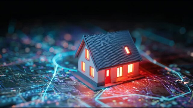 Future of real estate and property investment glowing smart house model with advanced home technology, showcasing secure network connection on futuristic digital grid