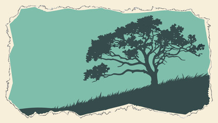 Obraz premium Silhouette tree landscape drawing illustration with torn paper edge design vector graphic art