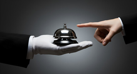 Hand in White Glove Points to Silver Service Bell against Dark Gray Backdrop