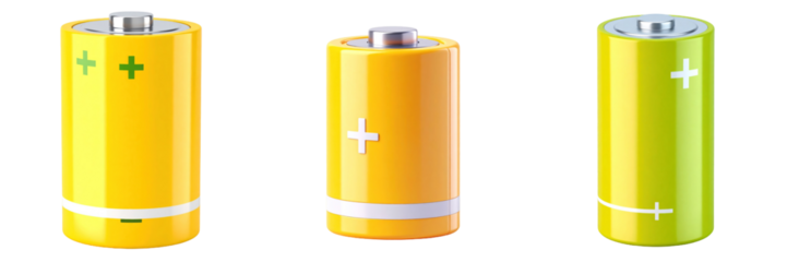 3D Plastic Style Battery Icons In Yellow Orange And Green Colors On Transparent Background