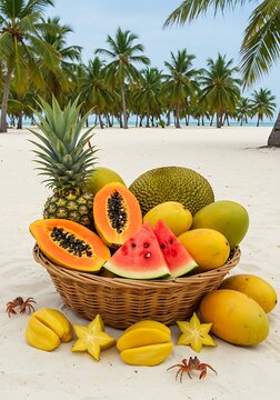 Exotic fruit basket on a tropical beach with palm trees in the background, Vibrant display of tropical fruits on a sandy beach paradise with coconut trees