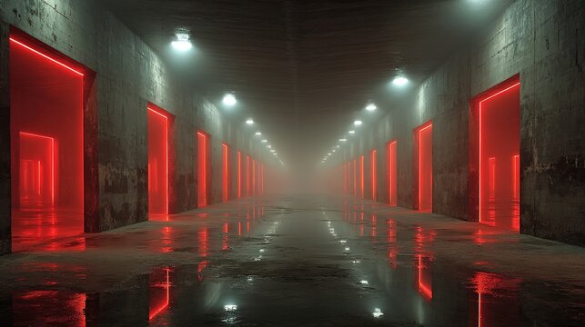 Infinite mirror corridor with ominous red warning lights flashing at the vanishing point.