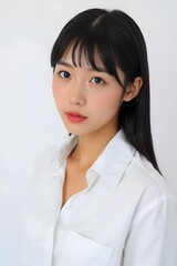 A Japanese woman with subtle makeup, straight black hair, and warm skin tone
