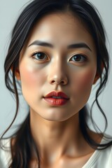 A Japanese woman with flawless, light skin and expressive dark eyes