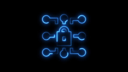 Digital cybersecurity encryption with glowing neon circuitry and a padlock symbol on black background