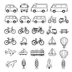 Fototapeta premium Collection of various transportation and vehicle icons in a simple line art style