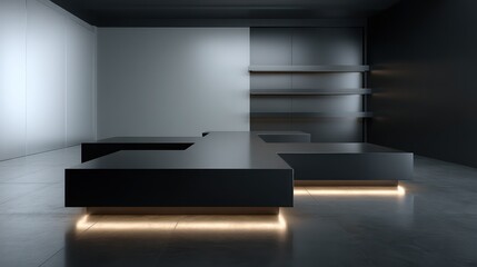Sleek library technology hub with matte black surfaces and LED accent lighting side-lit to emphasize high-gloss reflections and modern