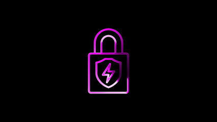 Cybersecurity concept with padlock icon with lightning bolt and shield protection on black background