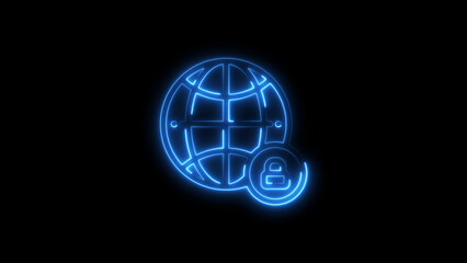 Glowing blue neon globe icon with lock signifying internet security and protection