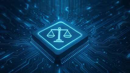 Microchip with glowing justice symbol at center of circuit board surrounded by digital lines, symbolizing law, tech systems, AI Governance, and Data Ethics concepts - Powered by Adobe