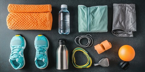 Workout essentials collection with gym gear and water flask