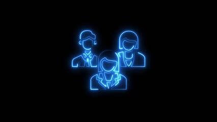 Glowing neon outline of a group of three people representing teamwork and collaboration