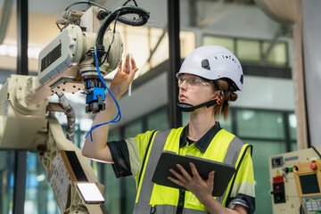 A woman in a yellow vest is working on a robot. Concept of Industry 4.0 with diverse engineers collaborating on automation technology.